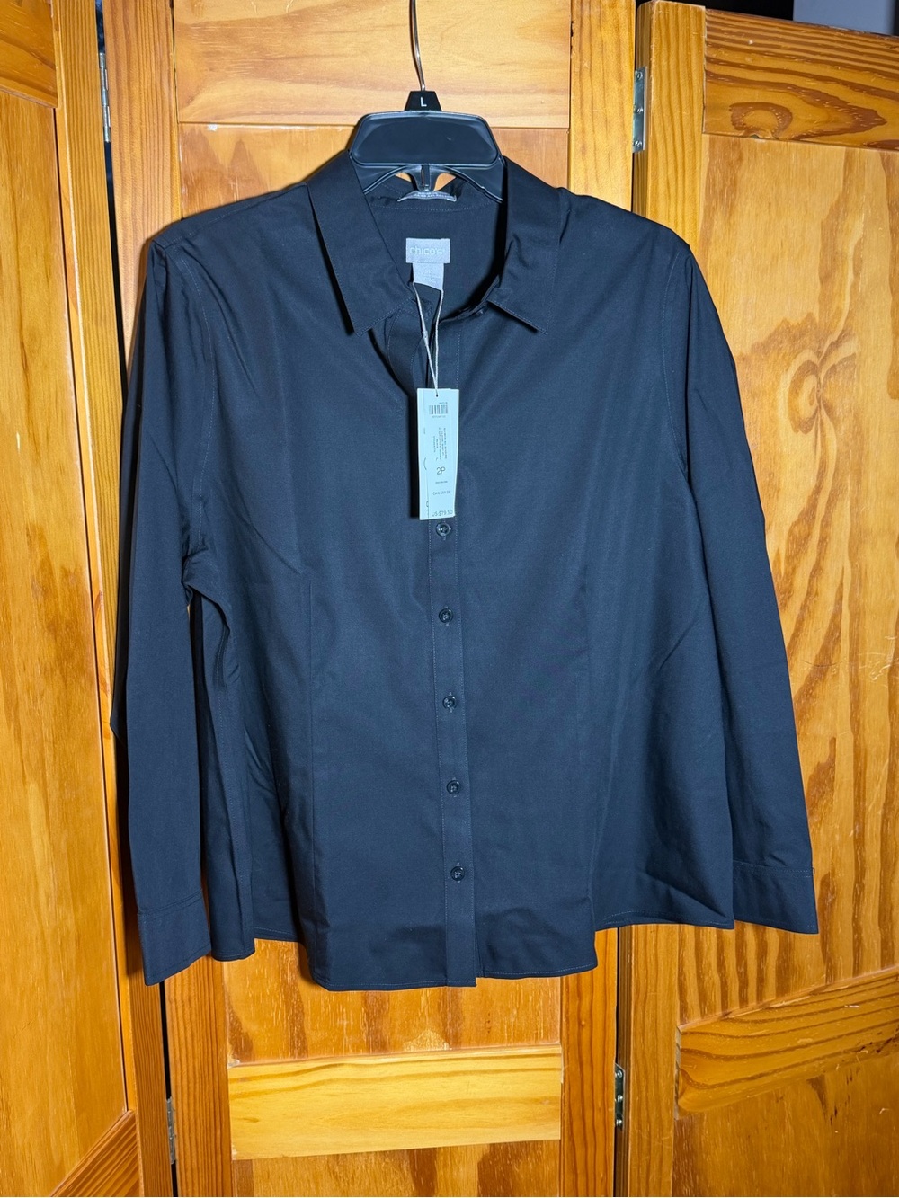 NWT Chico's Black Cool Max No-Iron Button Front Shirt|12-14 Petite|Office
